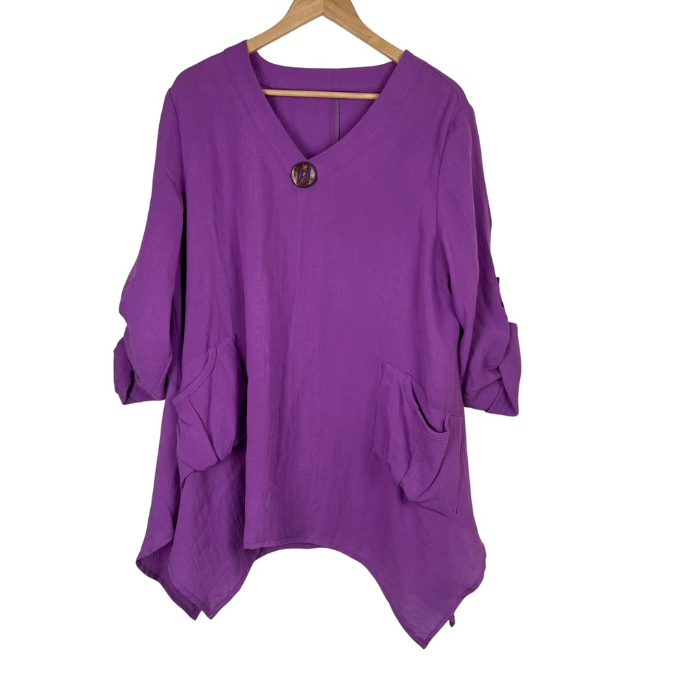 Fridaze Purple 100% Linen Lagenlook V-Neck Tunic Top Roll Tab Sharkbite XL
